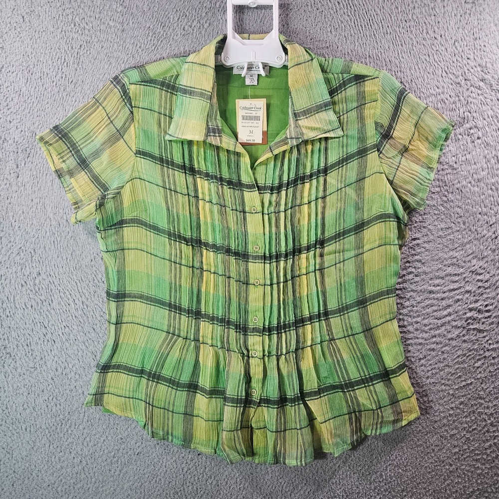 $69 NWT Coldwater Creek Summer Shirt Women Medium Yellow Green Plaid